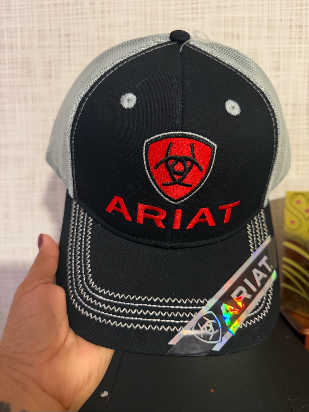 Ariat Black Hat with Gray Mesh and Red Logo